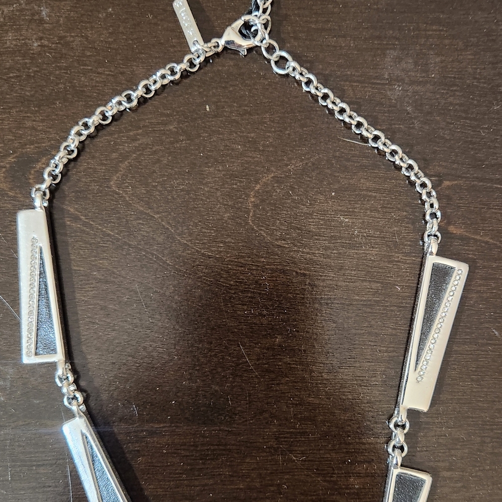 White House Black Market Silver Statement Necklace W/ Real Leather Inseŕts. NWT